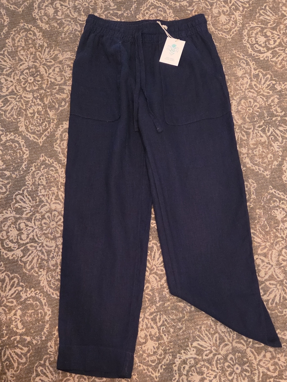 NWT Sigrid Olsen Navy Drawstring Linen Cropped Pants